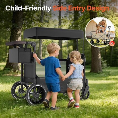 BIERUM Stroller Wagon for 2 Kids with Side Entry & 5-Point Safety, 5-in-1 Multi-Mode All-Terrain Foldable Cart with Adjustable Push/Pull Handle, Removable Canopy & Organizer for Beach, Camping, Black in Saudi Arabia