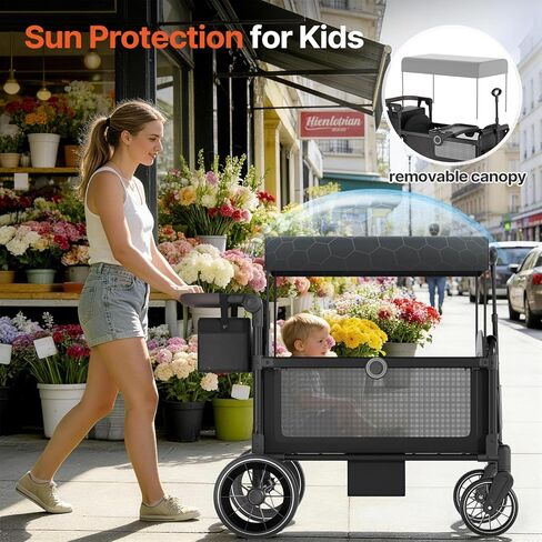 BIERUM Stroller Wagon for 2 Kids with Side Entry & 5-Point Safety, 5-in-1 Multi-Mode All-Terrain Foldable Cart with Adjustable Push/Pull Handle, Removable Canopy & Organizer for Beach, Camping, Black in Saudi Arabia