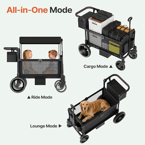 BIERUM Stroller Wagon for 2 Kids with Side Entry & 5-Point Safety, 5-in-1 Multi-Mode All-Terrain Foldable Cart with Adjustable Push/Pull Handle, Removable Canopy & Organizer for Beach, Camping, Black in Saudi Arabia