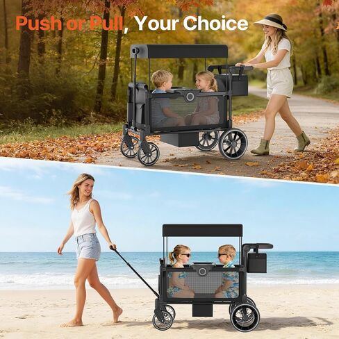 BIERUM Stroller Wagon for 2 Kids with Side Entry & 5-Point Safety, 5-in-1 Multi-Mode All-Terrain Foldable Cart with Adjustable Push/Pull Handle, Removable Canopy & Organizer for Beach, Camping, Black in Saudi Arabia