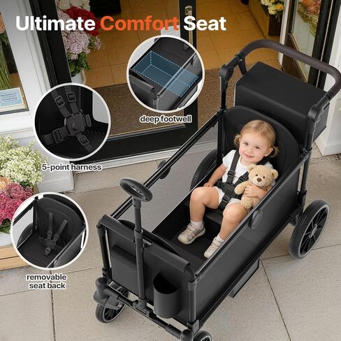 BIERUM Stroller Wagon for 2 Kids with Side Entry & 5-Point Safety, 5-in-1 Multi-Mode All-Terrain Foldable Cart with Adjustable Push/Pull Handle, Removable Canopy & Organizer for Beach, Camping, Black in Saudi Arabia