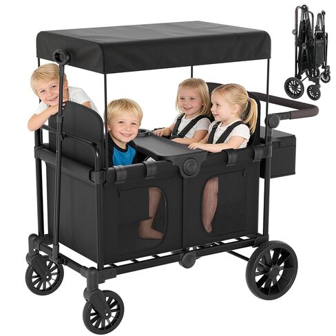 BIERUM Stroller Wagon for 2 Kids with Side Entry & 5-Point Safety, 5-in-1 Multi-Mode All-Terrain Foldable Cart with Adjustable Push/Pull Handle, Removable Canopy & Organizer for Beach, Camping, Black in Saudi Arabia