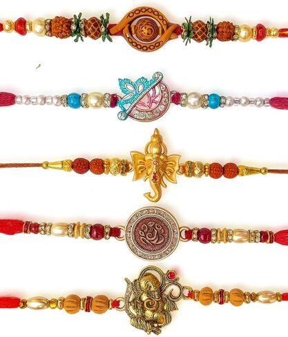 Rakhi For Brother- Set Of 4 Raksha Bandhan Bracelets on card for Your Bhai/Siblings - Om and Multicolor color Hand made Rakhi Set in Saudi Arabia