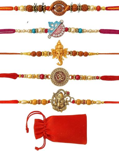 Rakhi For Brother- Set Of 4 Raksha Bandhan Bracelets on card for Your Bhai/Siblings - Om and Multicolor color Hand made Rakhi Set in Saudi Arabia