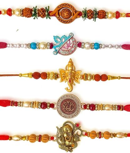 Rakhi For Brother- Set Of 4 Raksha Bandhan Bracelets on card for Your Bhai/Siblings - Om and Multicolor color Hand made Rakhi Set in Saudi Arabia