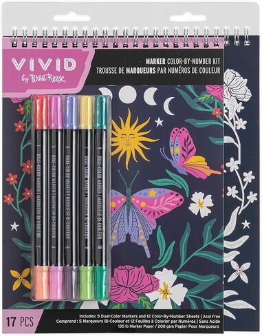 Vivid by Brea Reese: Marker Color-By-Number Kit - Whimsical Botanicals - 5 Dual-Sided Markers, 12 Coloring Pages, Nature-Animal Theme, Spiral Art Pad in Saudi Arabia