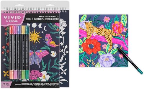 Vivid by Brea Reese: Marker Color-By-Number Kit - Whimsical Botanicals - 5 Dual-Sided Markers, 12 Coloring Pages, Nature-Animal Theme, Spiral Art Pad in Saudi Arabia