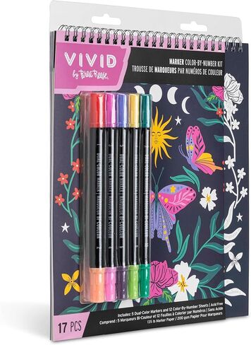 Vivid by Brea Reese: Marker Color-By-Number Kit - Whimsical Botanicals - 5 Dual-Sided Markers, 12 Coloring Pages, Nature-Animal Theme, Spiral Art Pad in Saudi Arabia