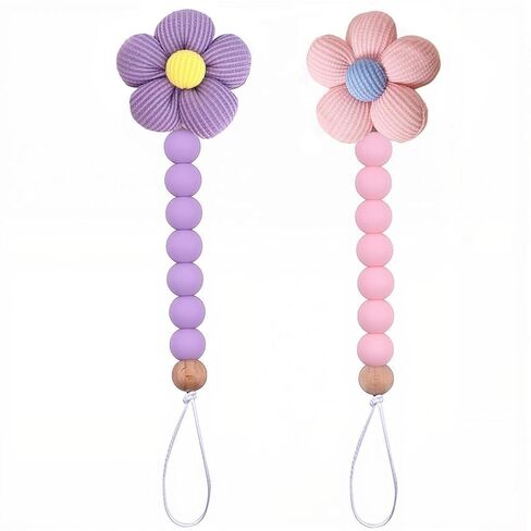 2pcs Flower Pacifier Clip, Silicone Bead Pacifier Clip for Baby Girls and Boys with Beige Daisy Birthday Christmas Gift in Saudi Arabia