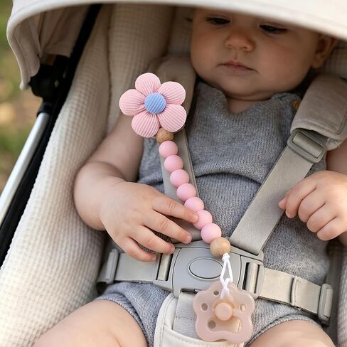 2pcs Flower Pacifier Clip, Silicone Bead Pacifier Clip for Baby Girls and Boys with Beige Daisy Birthday Christmas Gift in Saudi Arabia