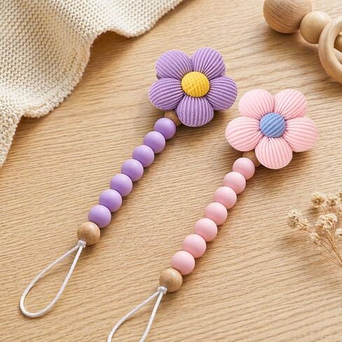 2pcs Flower Pacifier Clip, Silicone Bead Pacifier Clip for Baby Girls and Boys with Beige Daisy Birthday Christmas Gift in Saudi Arabia