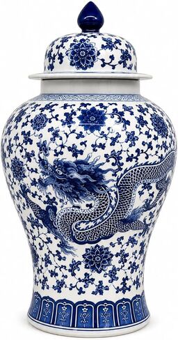 20" Classic Blue and White Porcelain Floral Temple Dragon Jar Vase, China Ming Style, Jingdezhen in Saudi Arabia