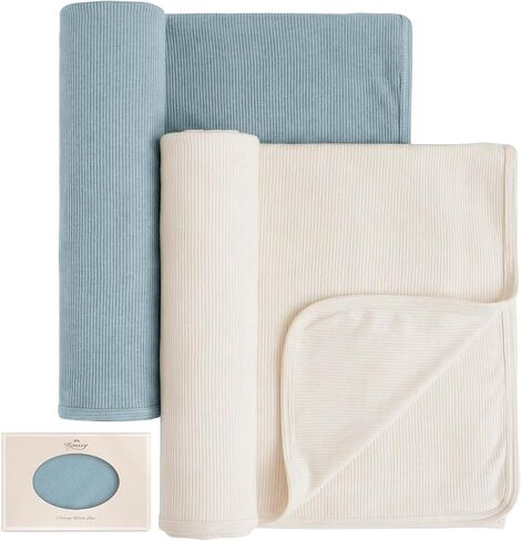 Konssy Knit Baby Blanket 2 Pack, Soft Ribbed Swaddle Receiving Blankets for Boys & Girls, Lightweight Cozy Swaddling Wrap for Newborns, Infants, & Toddlers, 33x42 Inch (Beige, Sage) in Saudi Arabia