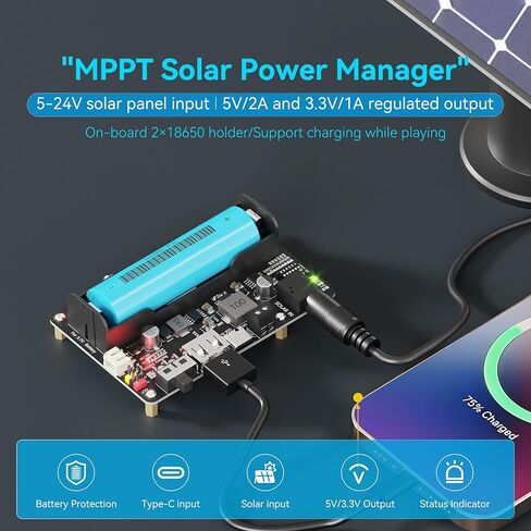 MPPT Solar Charge Controller for 18650 Li-ion Battery, Solar Power Manager Module with 5-24V Panel & USB-C Charging, 5V Output, Multi-Protection Board for Raspberry Pi 3/4/5 in Kuwait