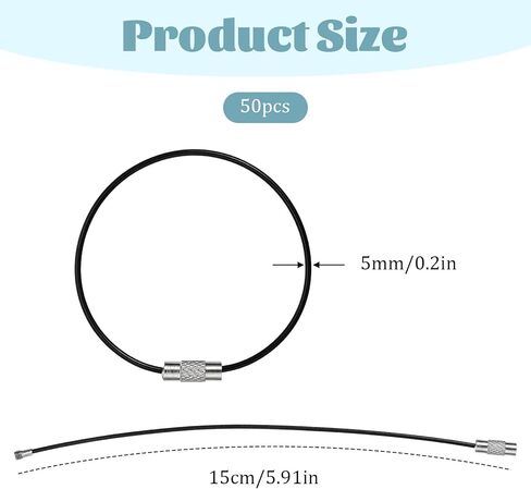 50PCS Black Stainless Steel Wire Keychains Cable, Nylon Coated Stainless Steel Key Ring Heavy Duty Luggage Tags Loops 1.5mm Cable Key Rings for Luggage Tag Loops, Keys, ID Tags in Kuwait