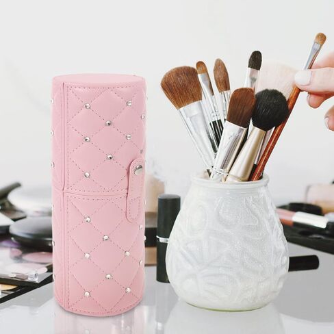 UKCOCO Rhinestone Makeup Brush Holder with Lid - Dustproof Cosmetic Brush Organizer for Vanity Desk - Portable Acrylic Cylinder Pen Cup for Travel and Home in Saudi Arabia