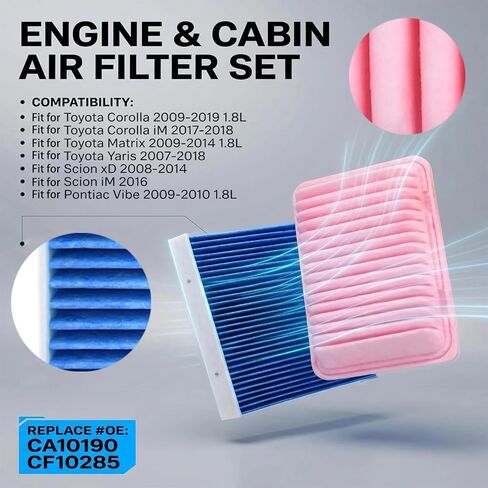 CA10190 CF10285 04152-YZZA6 فلاتر هواء المحرك والمقصورة ومجموعة استبدال فلتر الزيت، متوافقة مع سلسلة Toyota Corolla/Corolla iM/Matrix/Yaris، مناسبة لـ Scion xD 2008-2014 iM 2016 in Kuwait
