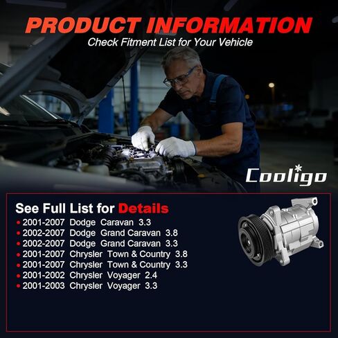 A/C Compressor with Clutch Fit for Chrysler Town & Country 2001-2007 3.3L 3.8L, for Dodge Caravan 2001-2007 3.3L 3.8L, for Chrysler Voyager 2001-2003,Replaces CO 29001C, 78374, 4710522 in Saudi Arabia