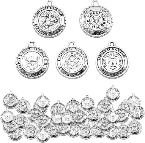 50PCS Handmade Emblem Charms - Silver Alloy Military Pendant Medallions for DIY Tags, Keychains Patriot Crafts (Navy Army Air Force Coast Guard Collection) in Saudi Arabia
