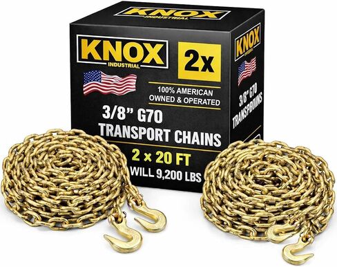 Knox 9200 LBS 3/8" x20' G70 Tow Chain with Grab Hooks, Transport Binder Chain, Galvanized Steel, DOT Certified, 2 Pack in Saudi Arabia