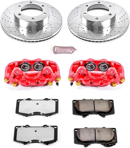 PowerStop Front Brake & Caliper Kit for Toyota Sequoia 2001-07 | Toyota Tundra 2000-06 - Drilled & Slotted Disc Rotors + Z36 Brake Pads + Red-Powder Coated Calipers, KC2324-36 in Kuwait
