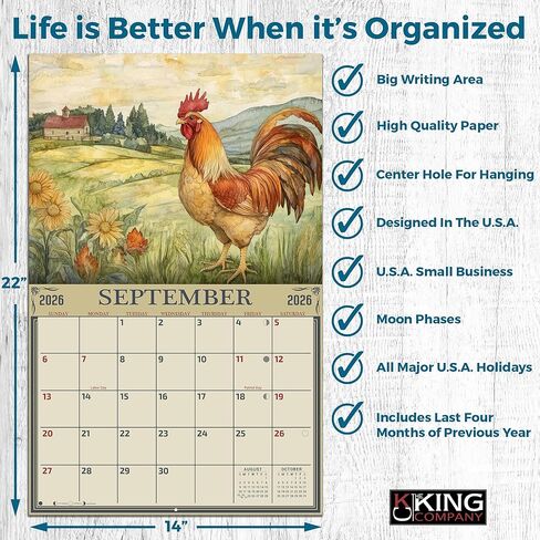 2026 Whimsical Roosters Wall Calendar 16-Month X-Large Size 14x22, Illustrated Rooster Calendar by The KING Company-Monster Calendars in Saudi Arabia