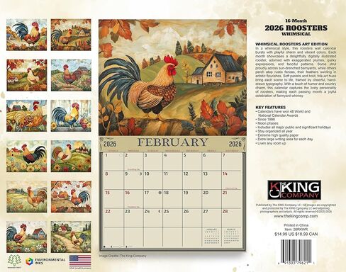 2026 Whimsical Roosters Wall Calendar 16-Month X-Large Size 14x22, Illustrated Rooster Calendar by The KING Company-Monster Calendars in Saudi Arabia