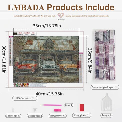 LMBADA Diamond Painting Kits for Adults Car, 5D Vintage Classic Cars Diamond Art Kits, Round Full Drill Dot Painting DIY Gem Crafts Home Wall Decor Gift 16x12 Inch in Kuwait