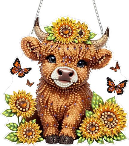 CEOVR Highlandcow شنقا الفن الماسي للبالغين، قلادة اللوحة الماسية عباد الشمس Highlandcow، DIY شكل خاص جوهرة الفن نافذة زخرفة، ديكور جدار المنزل الاكريليك مع سلسلة، طقم صندوق 7.87 × 7.87 بوصة in Kuwait