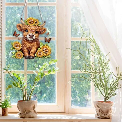 CEOVR Highlandcow شنقا الفن الماسي للبالغين، قلادة اللوحة الماسية عباد الشمس Highlandcow، DIY شكل خاص جوهرة الفن نافذة زخرفة، ديكور جدار المنزل الاكريليك مع سلسلة، طقم صندوق 7.87 × 7.87 بوصة in Kuwait