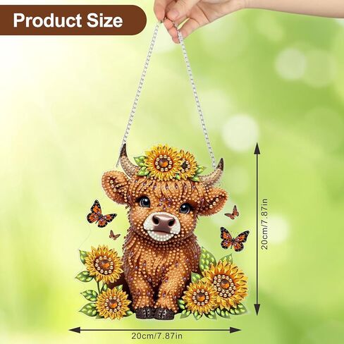 CEOVR Highlandcow شنقا الفن الماسي للبالغين، قلادة اللوحة الماسية عباد الشمس Highlandcow، DIY شكل خاص جوهرة الفن نافذة زخرفة، ديكور جدار المنزل الاكريليك مع سلسلة، طقم صندوق 7.87 × 7.87 بوصة in Kuwait