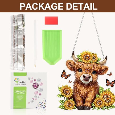CEOVR Highlandcow شنقا الفن الماسي للبالغين، قلادة اللوحة الماسية عباد الشمس Highlandcow، DIY شكل خاص جوهرة الفن نافذة زخرفة، ديكور جدار المنزل الاكريليك مع سلسلة، طقم صندوق 7.87 × 7.87 بوصة in Kuwait