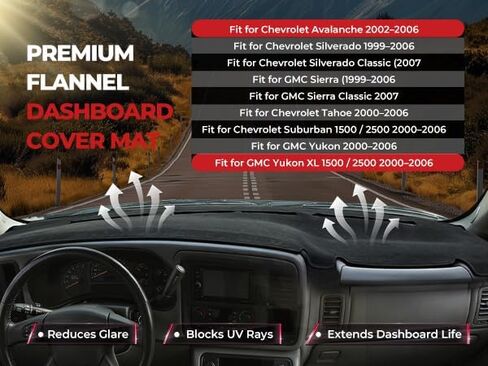 حصيرة غطاء لوحة القيادة مناسبة لملحقات Chevy Silverado GMC Sierra1999–2006 Silverado Classic 2007، غطاء لوحة القيادة من الفلانيل غير القابل للانزلاق، وسادة حماية لوحة القيادة مضادة للوهج ومقاومة للأشعة فوق البنفسجية in Kuwait