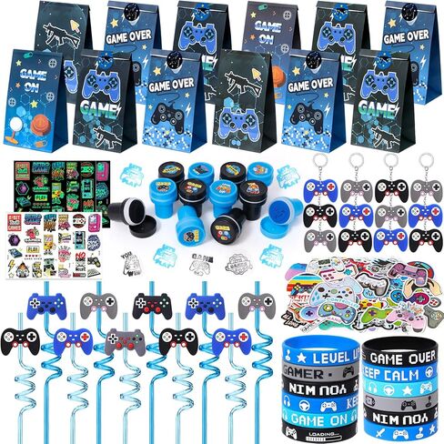124Pcs Video Game Party Favors Gamer Birthday Supplies - Controller Straw Paper Bag Stamper Bracelet Glow Sticker Keychain Vinyl Sticker Pinata Filler Goodie Stuffer Boy Kids Game On Gaming Decor in Saudi Arabia