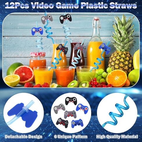 124Pcs Video Game Party Favors Gamer Birthday Supplies - Controller Straw Paper Bag Stamper Bracelet Glow Sticker Keychain Vinyl Sticker Pinata Filler Goodie Stuffer Boy Kids Game On Gaming Decor in Saudi Arabia