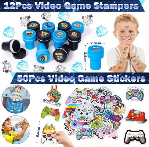 124Pcs Video Game Party Favors Gamer Birthday Supplies - Controller Straw Paper Bag Stamper Bracelet Glow Sticker Keychain Vinyl Sticker Pinata Filler Goodie Stuffer Boy Kids Game On Gaming Decor in Saudi Arabia