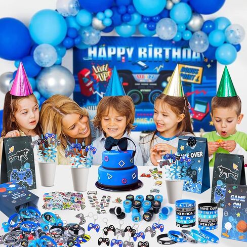 124Pcs Video Game Party Favors Gamer Birthday Supplies - Controller Straw Paper Bag Stamper Bracelet Glow Sticker Keychain Vinyl Sticker Pinata Filler Goodie Stuffer Boy Kids Game On Gaming Decor in Saudi Arabia