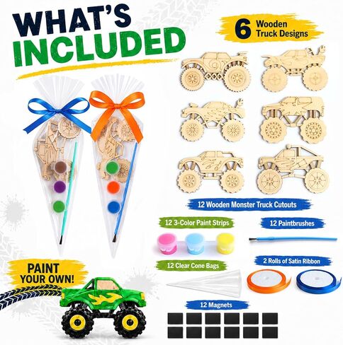 12 Pack Monster Truck Party Favors for Kids, DIY Wooden Truck Painting Kit, Monster Jam Birthday Decorations Supplies, Goodie Bag Stuffers Pinata Filler Gifts in Saudi Arabia