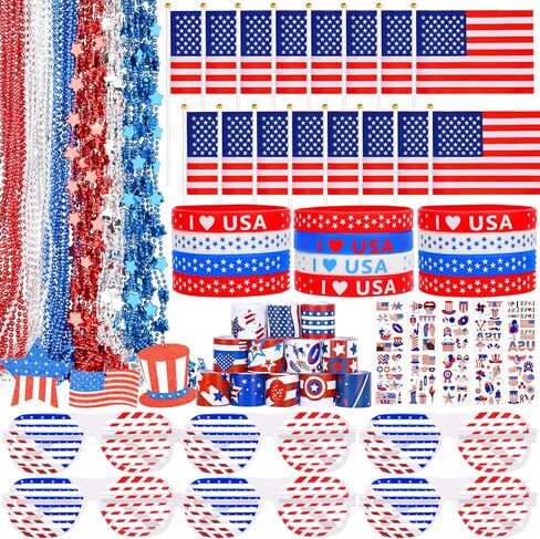 147 Pcs 4th of July Patriotic Accessories Includes Glasses Necklaces Bracelets Tattoos for Fourth of July Decorations Independence Day Celebrations American Memorial Day in Saudi Arabia