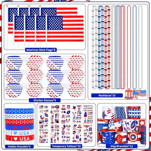 147 Pcs 4th of July Patriotic Accessories Includes Glasses Necklaces Bracelets Tattoos for Fourth of July Decorations Independence Day Celebrations American Memorial Day in Saudi Arabia