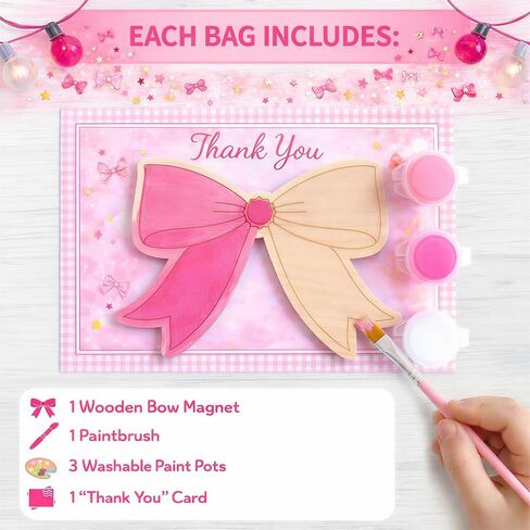 12 Pack Pink Bow Party Favors for Girls, Individually Wrapped Paint Your Own Wooden Magnet Craft Kits with Paints, Brush & Thank You Card in Saudi Arabia