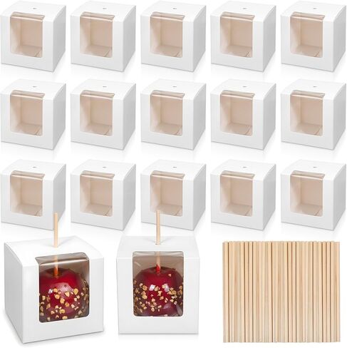 Kegeeei 50 Pack Candy Apple Boxes with Holes and Sticks, 4x4x4 Inch Caramel Apple Gift Boxes with Clear Window, Favor Box for Wedding Christmas Party, White in Saudi Arabia