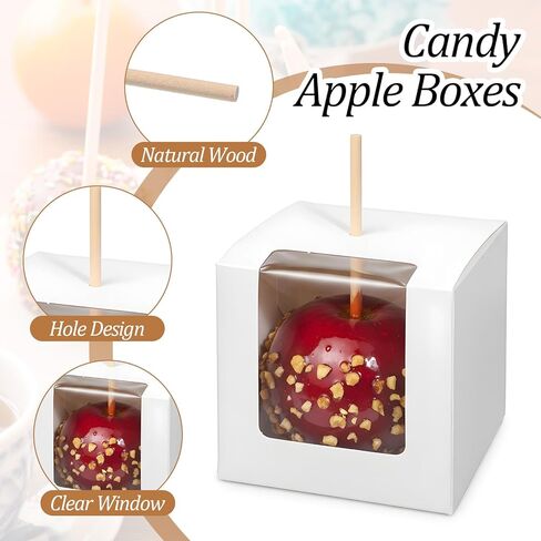 Kegeeei 50 Pack Candy Apple Boxes with Holes and Sticks, 4x4x4 Inch Caramel Apple Gift Boxes with Clear Window, Favor Box for Wedding Christmas Party, White in Saudi Arabia