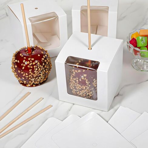 Kegeeei 50 Pack Candy Apple Boxes with Holes and Sticks, 4x4x4 Inch Caramel Apple Gift Boxes with Clear Window, Favor Box for Wedding Christmas Party, White in Saudi Arabia