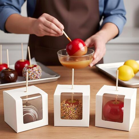 Kegeeei 50 Pack Candy Apple Boxes with Holes and Sticks, 4x4x4 Inch Caramel Apple Gift Boxes with Clear Window, Favor Box for Wedding Christmas Party, White in Saudi Arabia