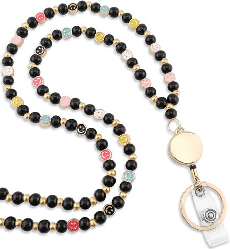 Smiley Teacher Lanyard for Women with Retractable ID Badge Reel and Keychain Cute Happy Beads Lanyard in Saudi Arabia