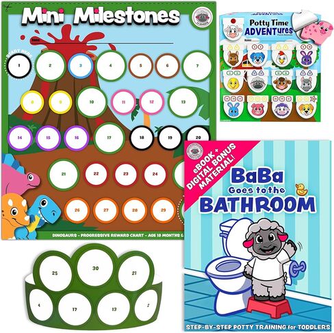 Potty TIME Adventures + MINI MILESTONES (2PK) Bundle: Reward Charts - Activity Boards - Over 800 Stickers - 14 Wooden Blocks (Dinosaurs & Farm Animals) in Saudi Arabia