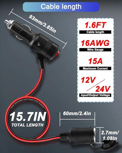 12V Cigarette Lighter Extension with Switch,16AWG 15A Car Cigarette Lighter Power Cable with ON Off Switch,for Car Refrigerator,Vacuum Vleaner,Etc. Avoid Repeated Plugging and Unplugging in Kuwait