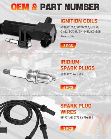 UF640 3PCS Ignition Coils & 6PCS Iridium Spark Plugs & 3PCS Spark Plug Wires Set Compatible with Dodge Ram 1500 Dakota Durango Nitro, Jeep Commander Grand Cherokee Liberty 3.7L, Replaces # 5149199AA in Saudi Arabia