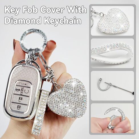 Key Fob Cover with Diamond Bling Keychain for Women, Car Key Holder Compatible with Honda 2022 2023 2024 2025, TPU Key Case and Elegant Heart Key Chain (Silver, 1PCS) in Kuwait